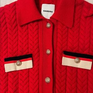 Sandro Vibrant Red Knit Cardigan with Gold Accents